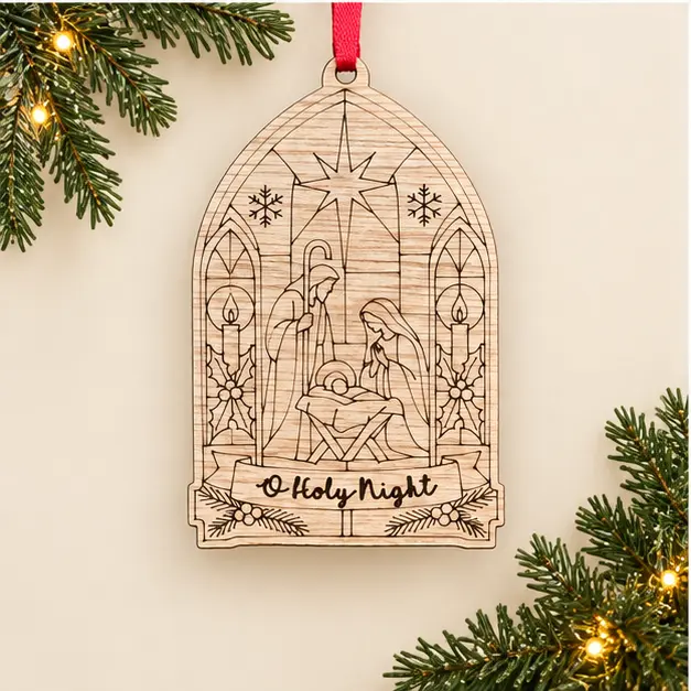 O Holy Night ornament in a styled Christmas product mockup