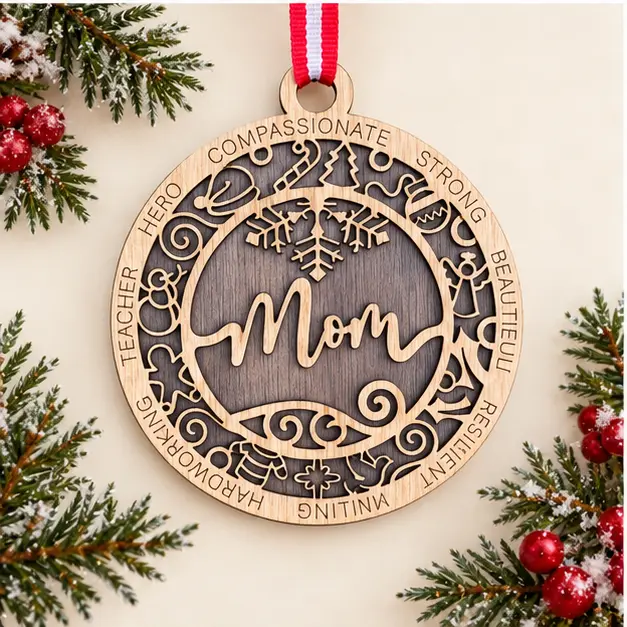 Mom ornament · Mocha with a raised wood front and contrasting back layer