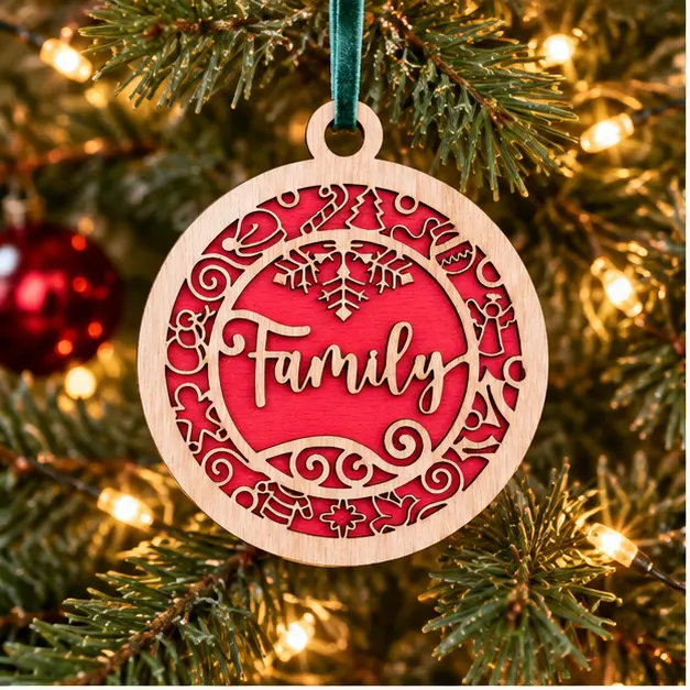 Double-layer Family ornament with a red back layer on a Christmas tree