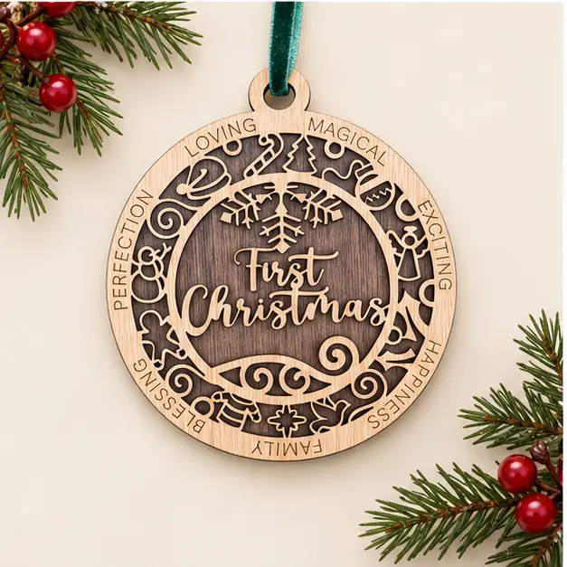 Double-layer First Christmas ornament with a mocha brown back layer