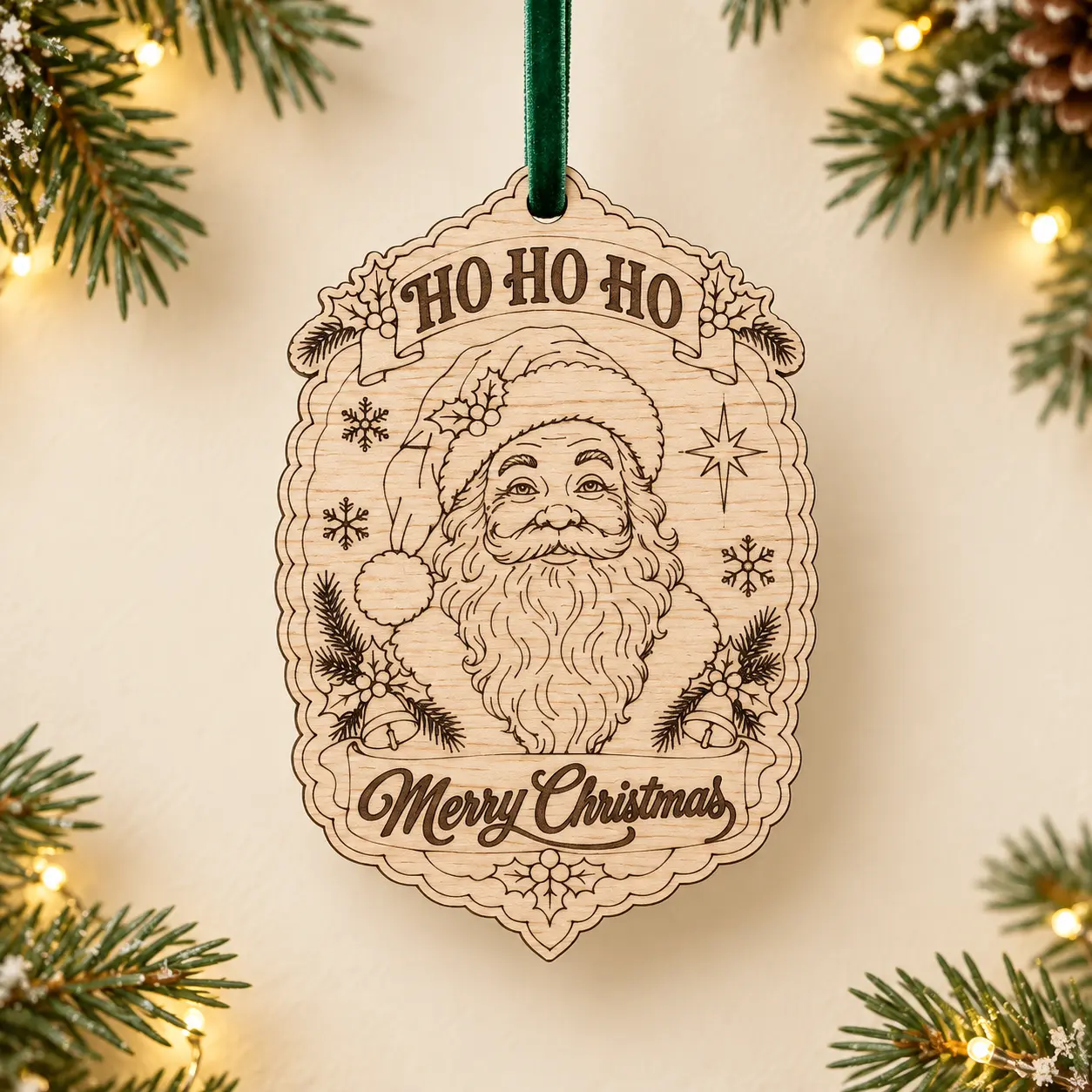 Flat-layer vintage Santa ornament in an ivory Christmas scene