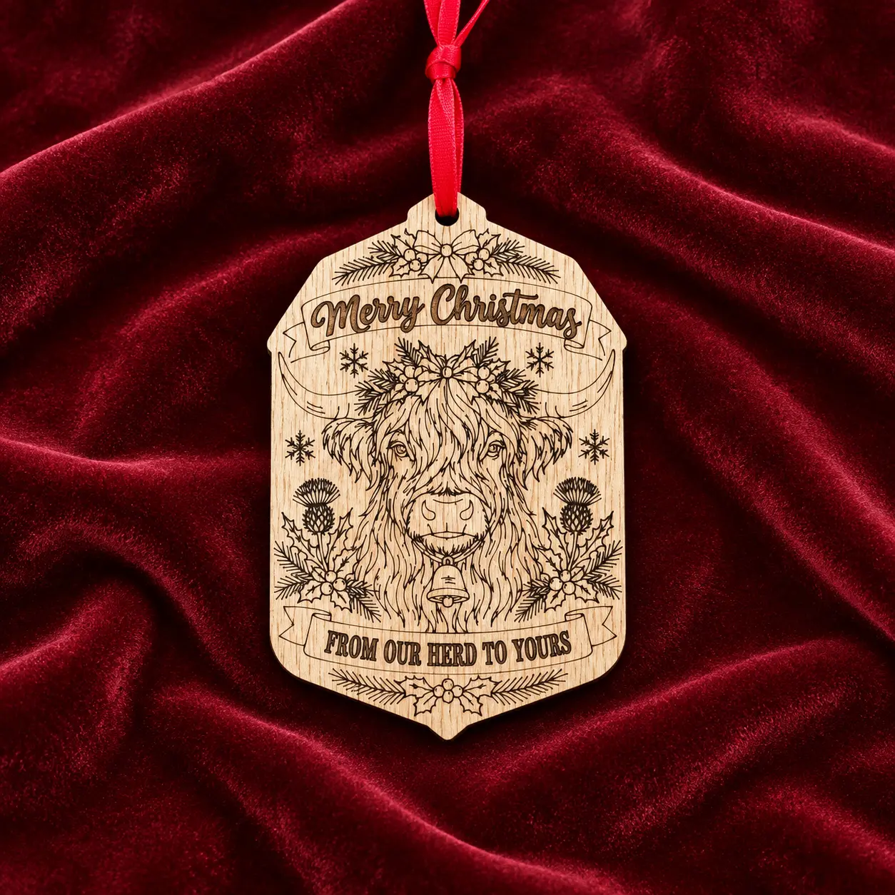 Flat-layer Highland cow ornament on burgundy velvet