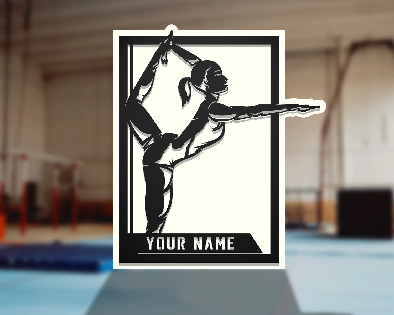 Personalized gymnastics athlete display. Supplier finished product render.