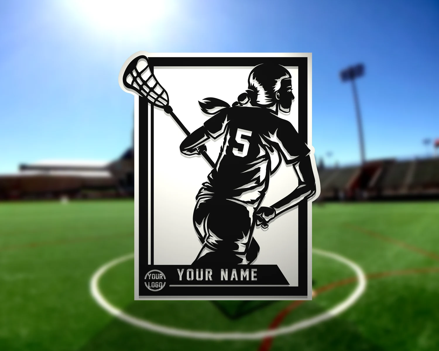 Personalized lacrosse athlete display. Supplier finished product render.
