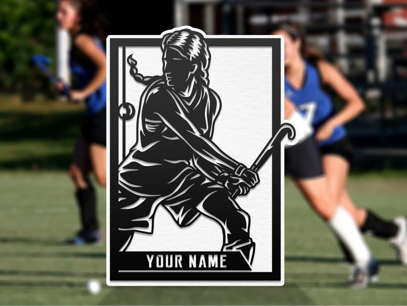 Personalized field hockey player display. Supplier finished product render.
