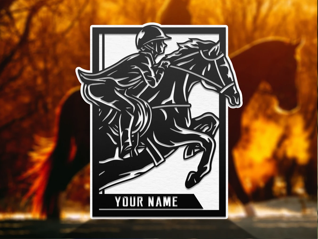 Personalized equestrian horse and rider display. Supplier finished product render.