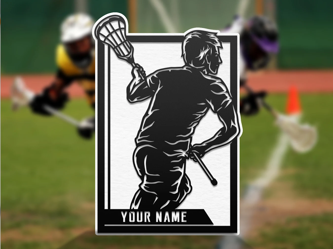 Personalized lacrosse male player display. Supplier finished product render.