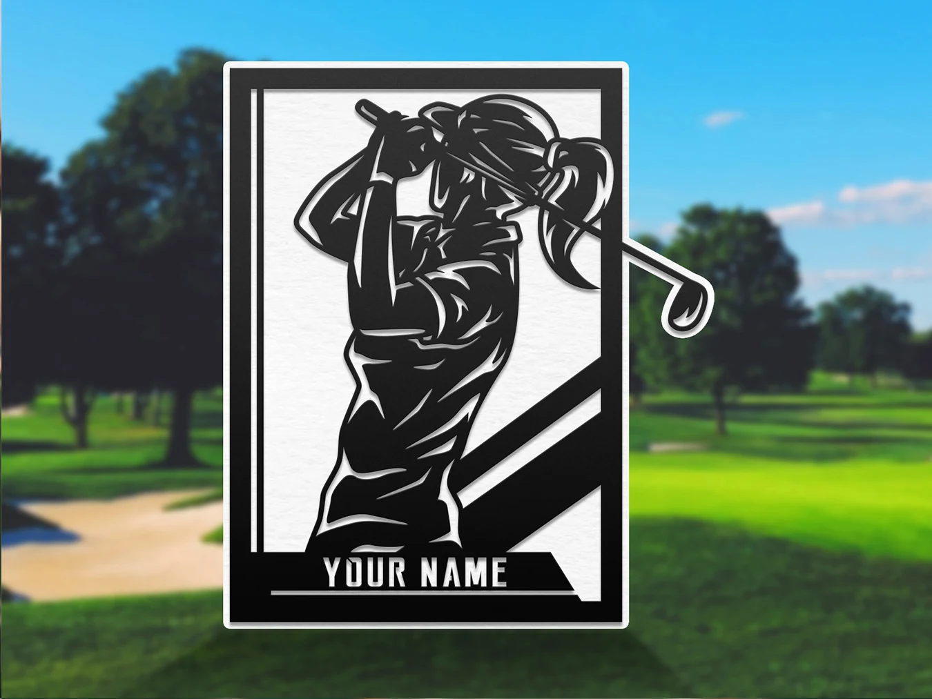 Personalized golf female player display. Supplier finished product render.