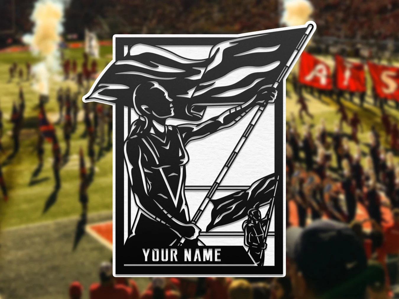 Personalized marching band color guard display. Supplier finished product render.