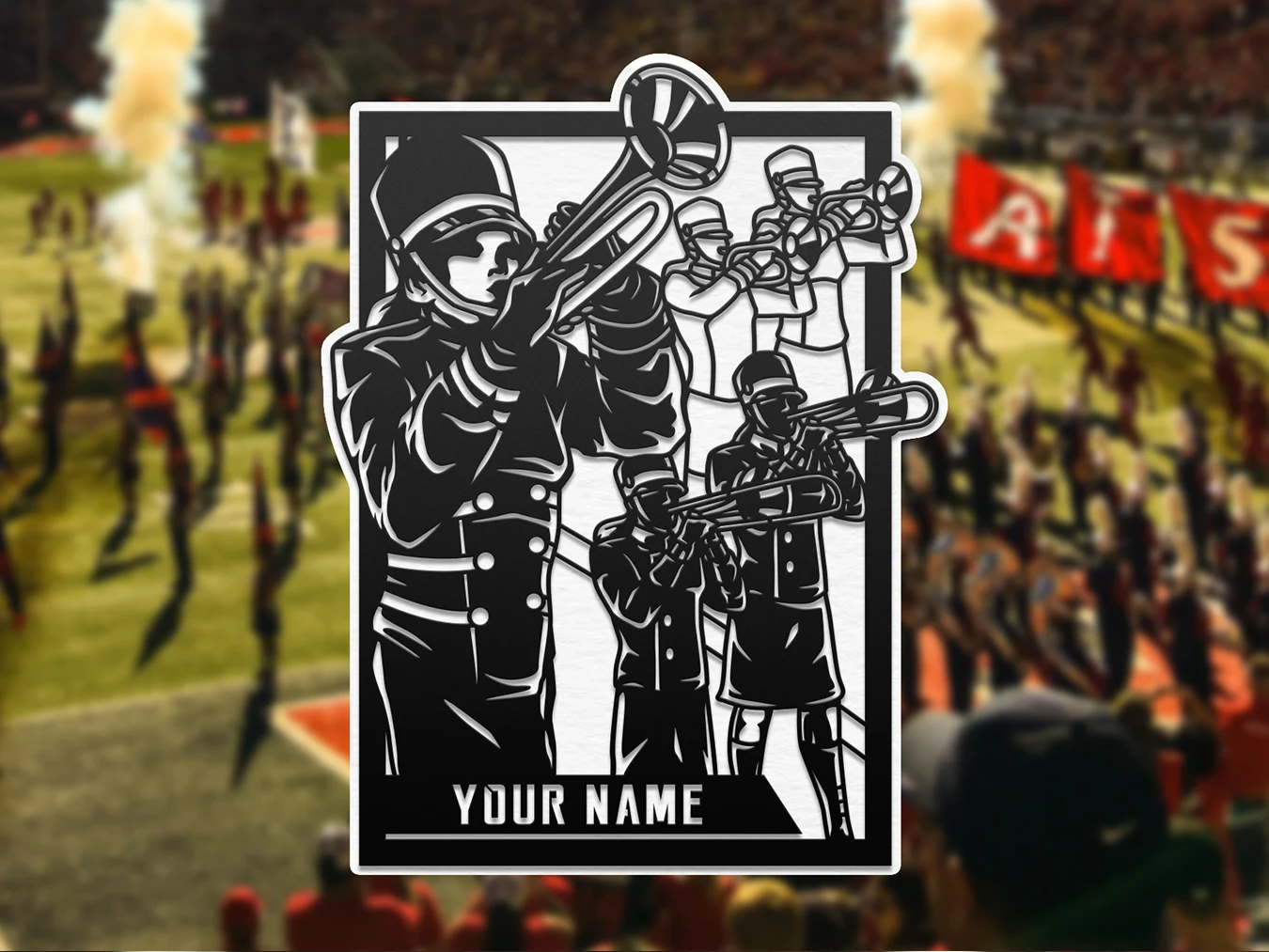Personalized marching band brass players display. Supplier finished product render.
