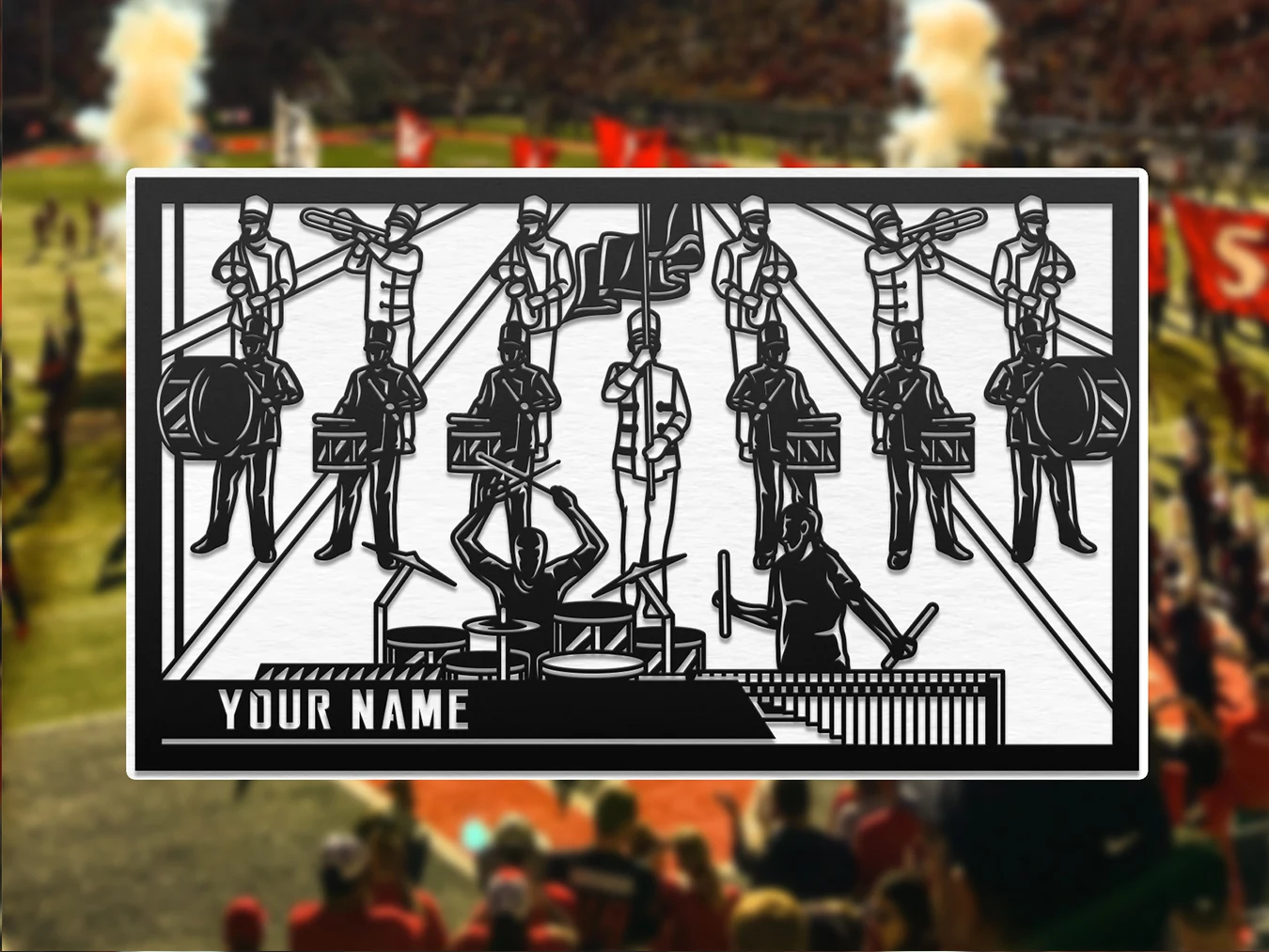 Personalized marching band full band landscape artwork 2 display. Supplier finished product render.