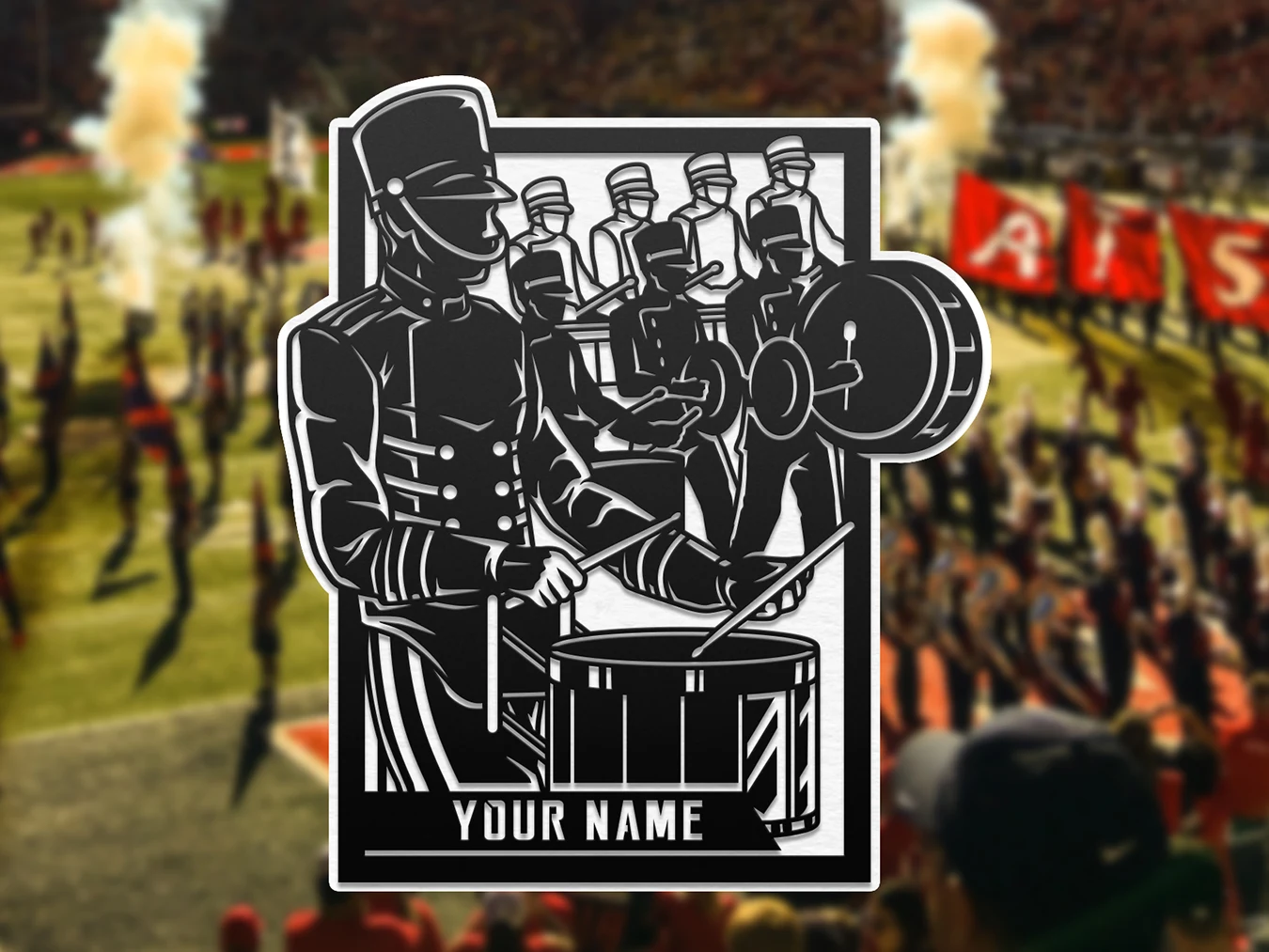 Personalized marching band drumline display. Supplier finished product render.