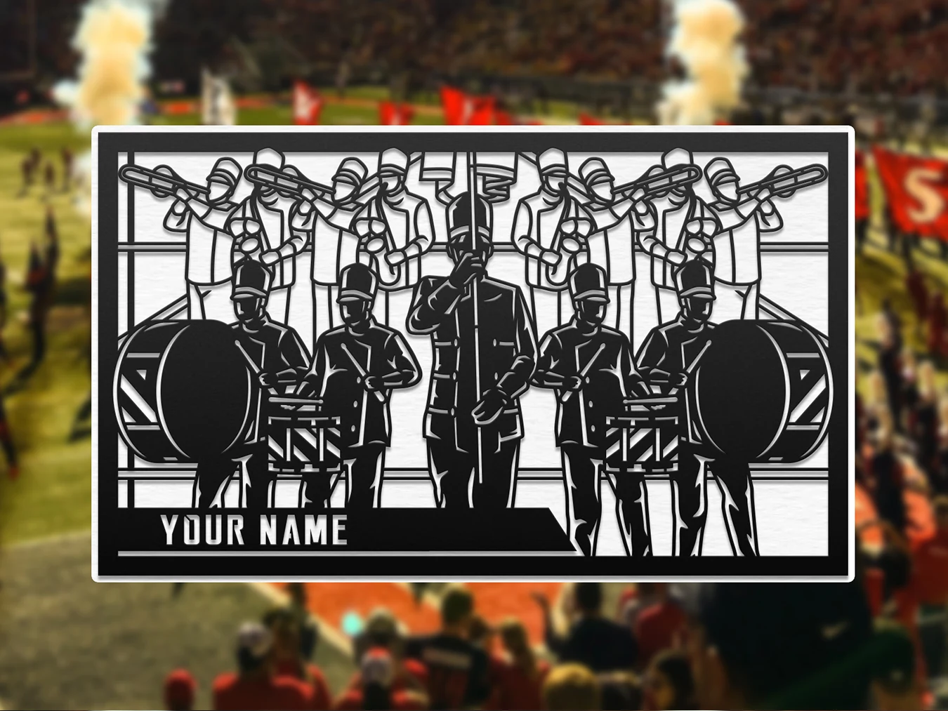 Personalized marching band full band landscape artwork 1 display. Supplier finished product render.