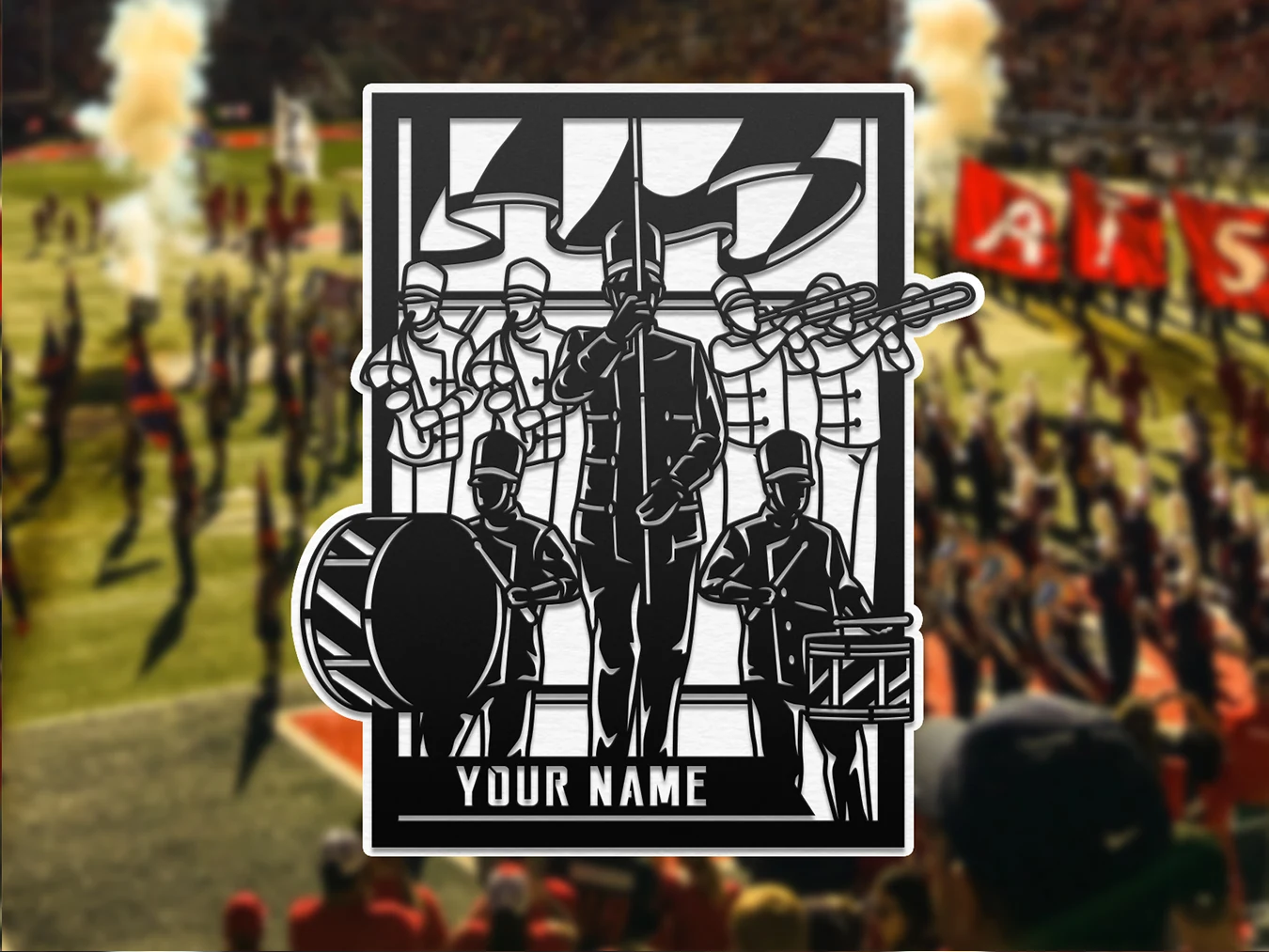 Personalized marching band full band portrait artwork 2 display. Supplier finished product render.
