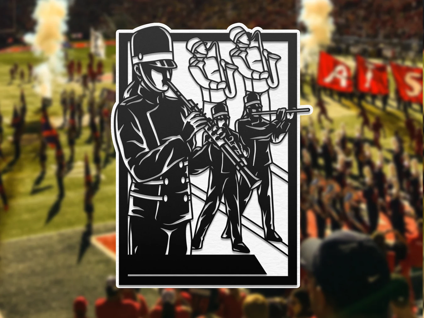 Personalized marching band woodwinds players display. Supplier finished product render.