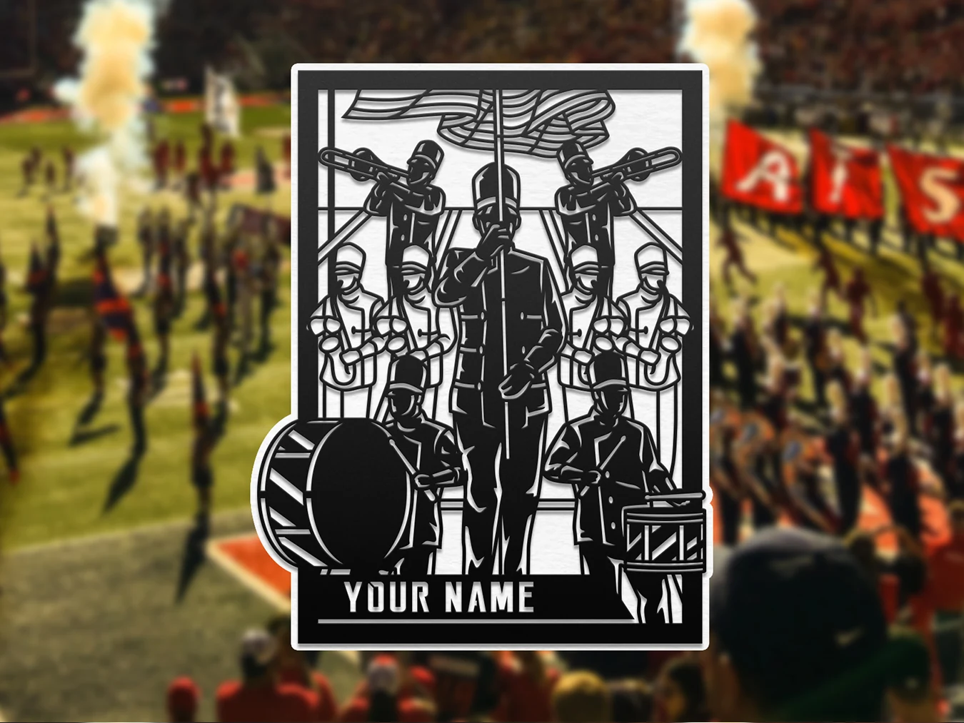 Personalized marching band full band portrait artwork 1 display. Supplier finished product render.