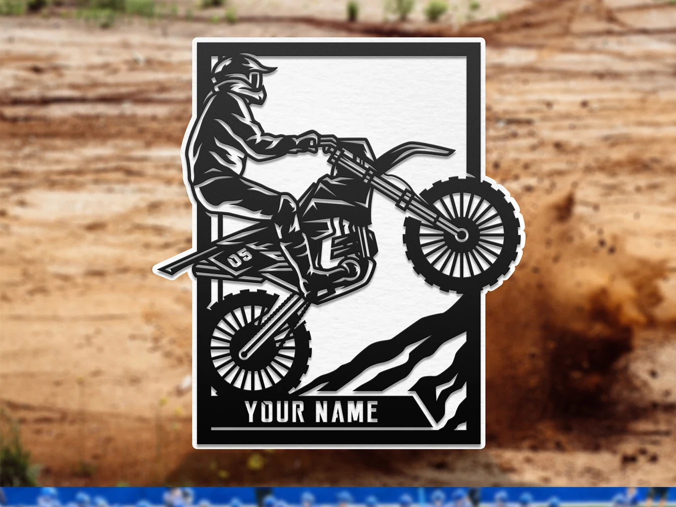 Personalized motocross rider display. Supplier finished product render.