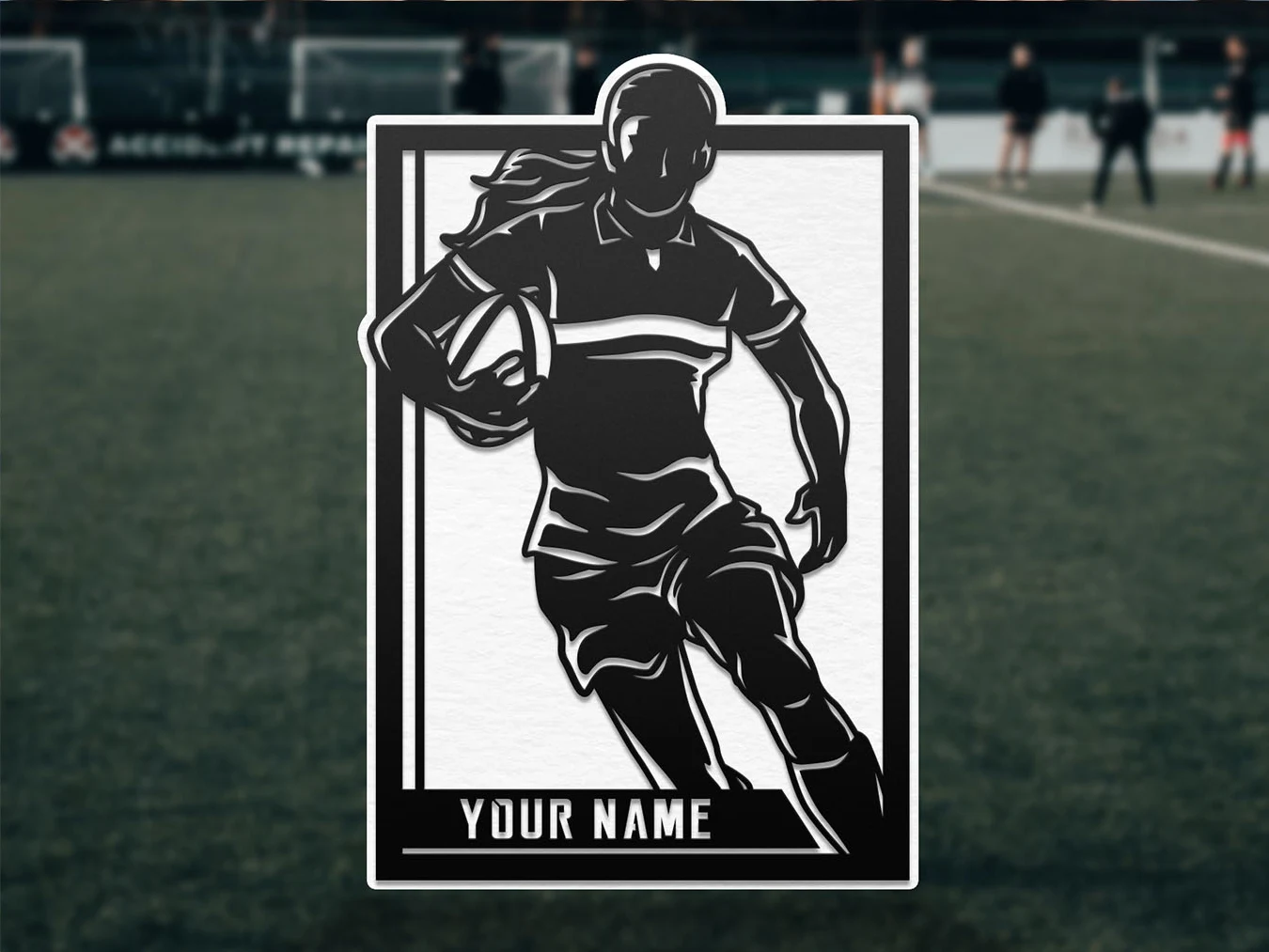 Personalized rugby player display. Supplier finished product render.
