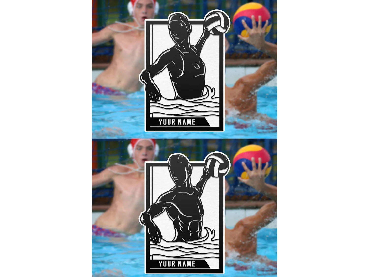 Personalized water polo player display. Supplier finished product render.
