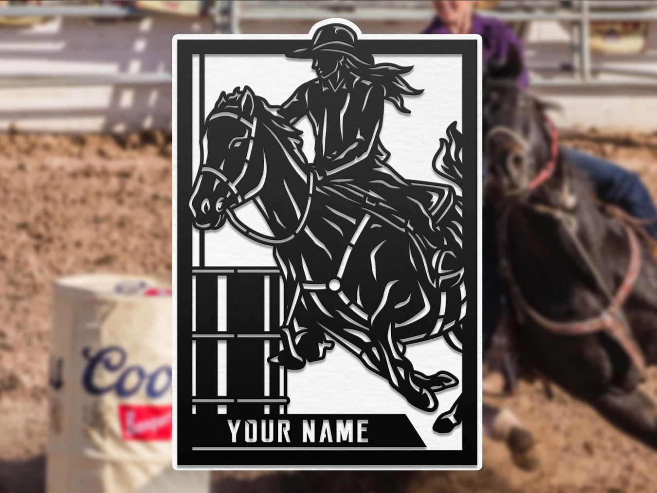 Personalized barrel racer display. Supplier finished product render.