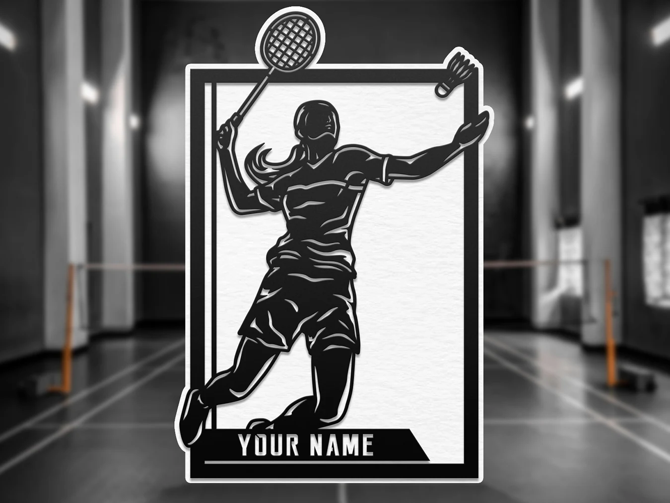 Personalized badminton player display. Supplier finished product render.