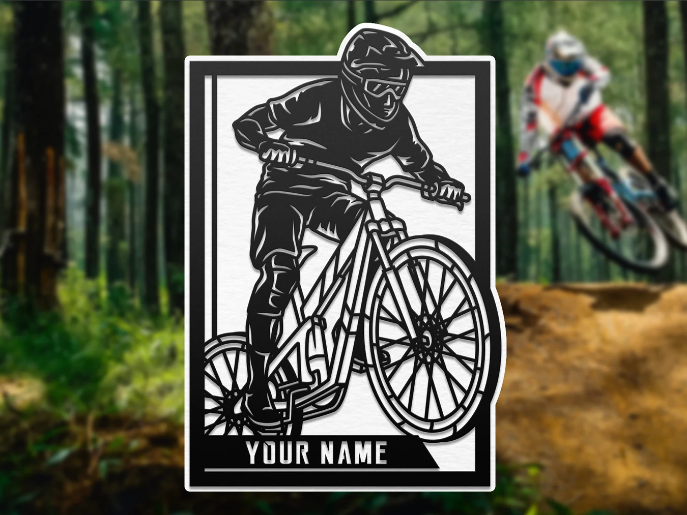 Personalized mountain bike rider display. Supplier finished product render.