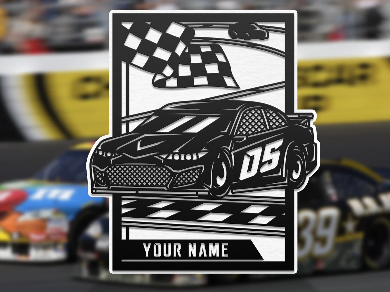 Personalized race car portrait display. Supplier finished product render.