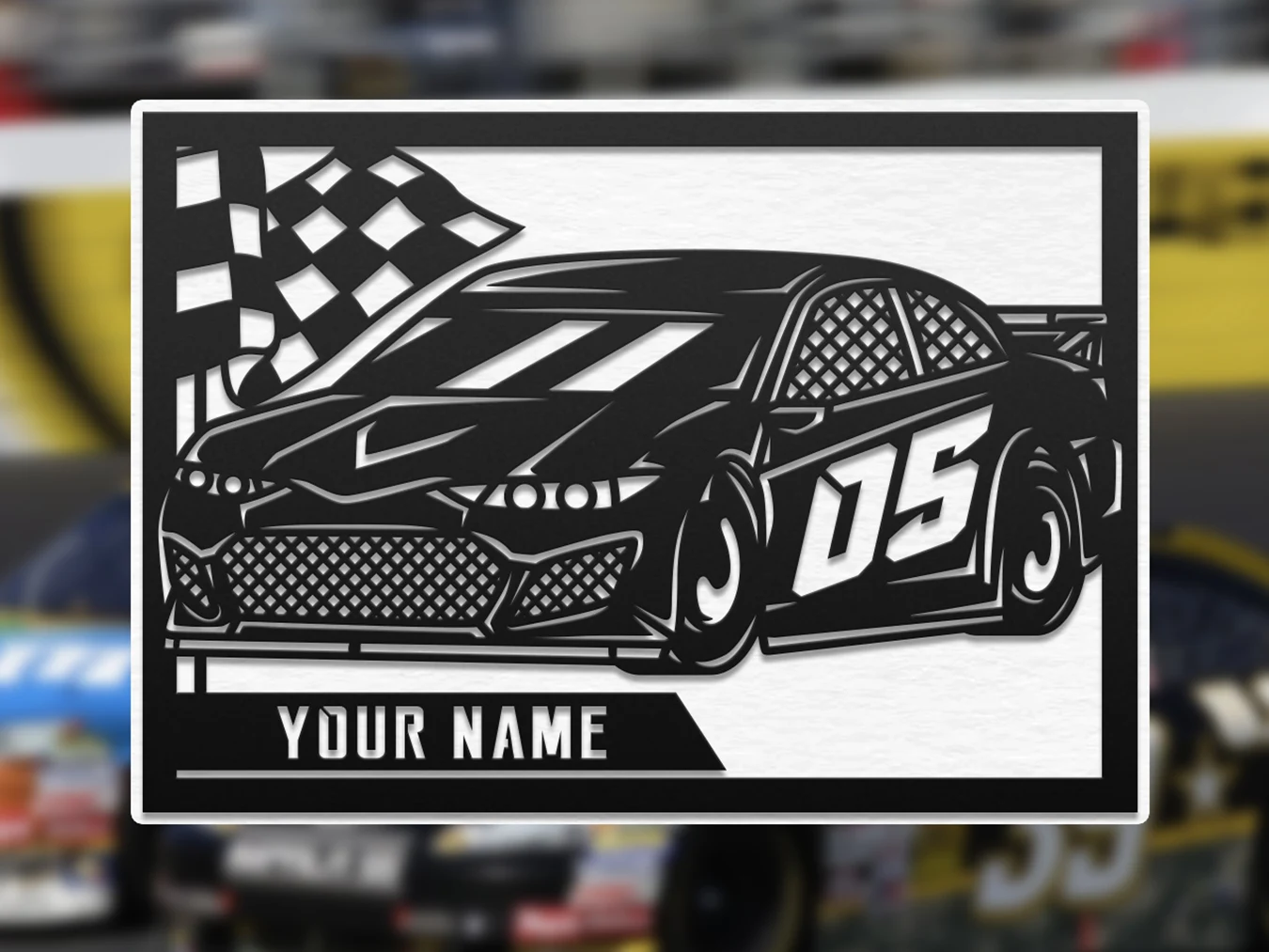 Personalized race car landscape display. Supplier finished product render.