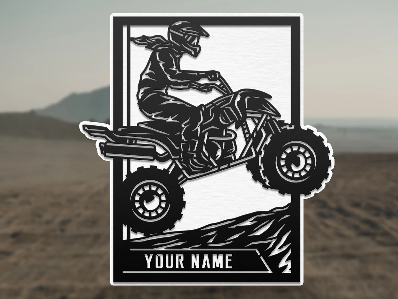 Personalized quad racer display. Supplier finished product render.