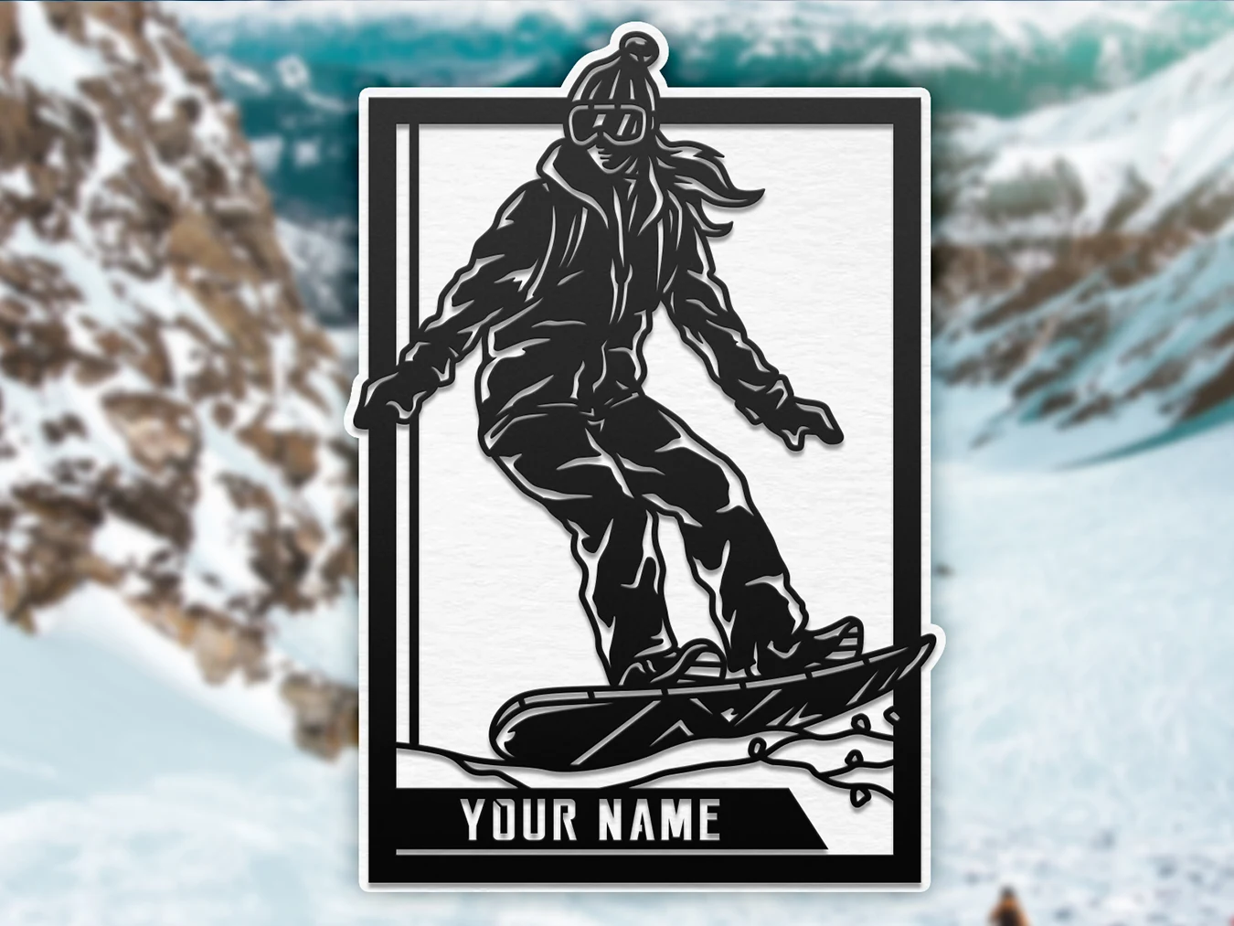 Personalized snowboarder display. Supplier finished product render.
