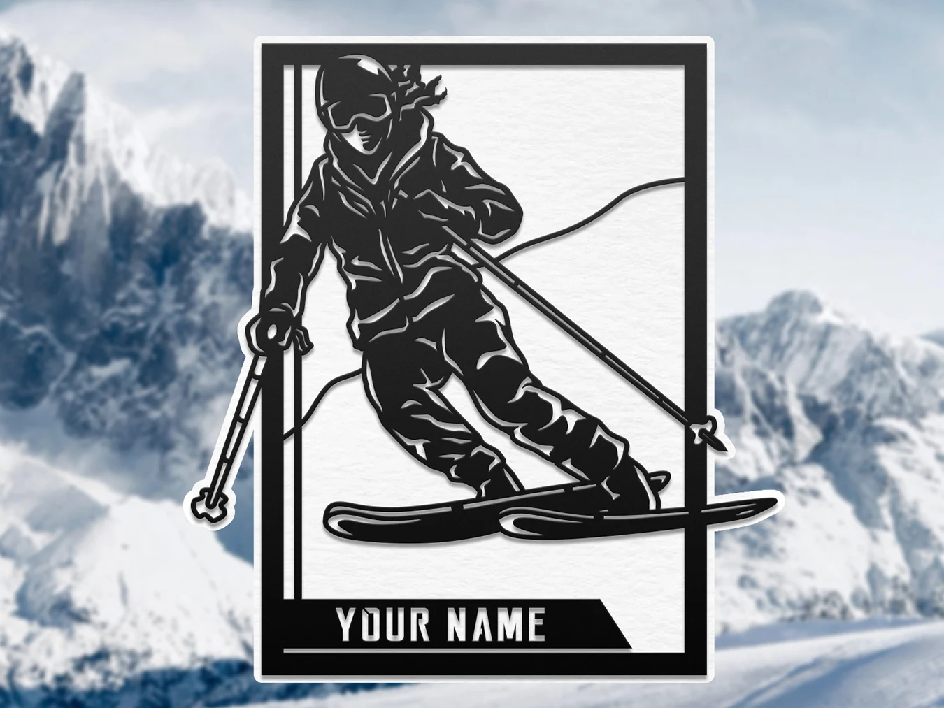 Personalized skier display. Supplier finished product render.