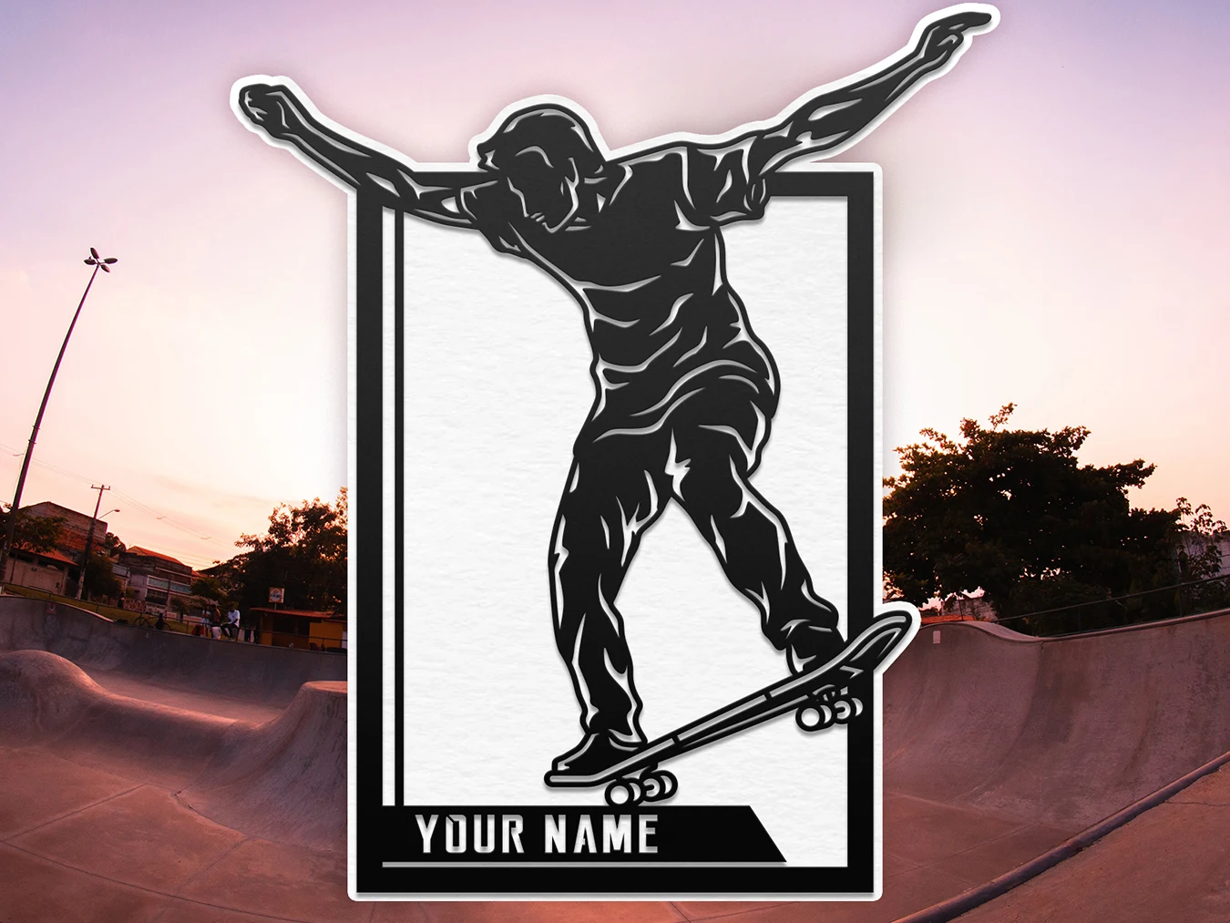 Personalized skateboarder display. Supplier finished product render.