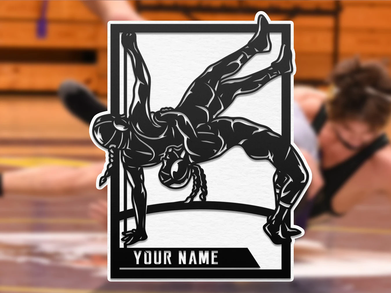 Personalized wrestling action display. Supplier finished product render.