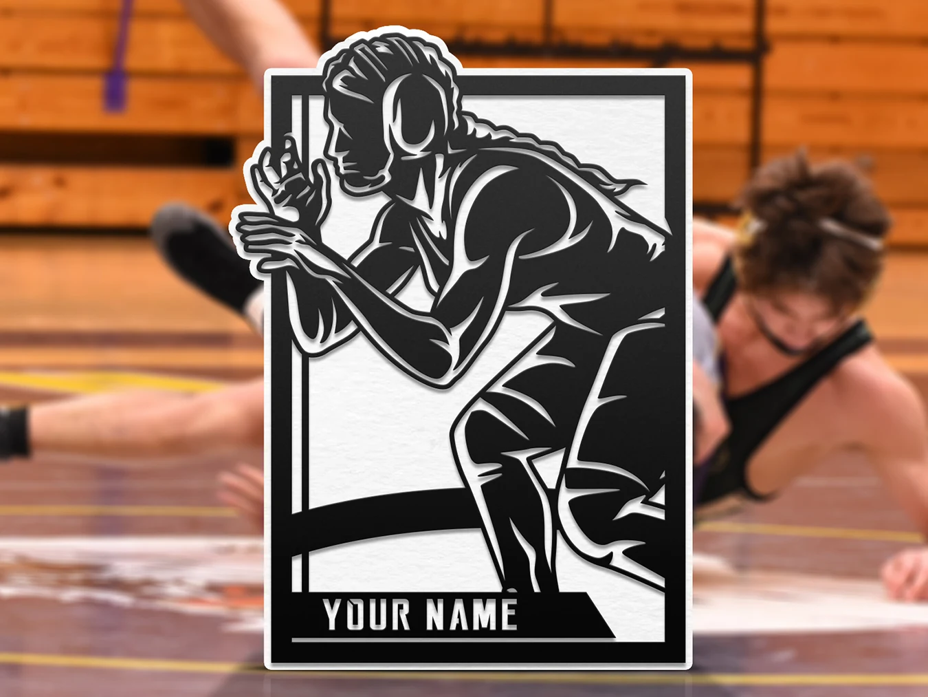 Personalized wrestler portrait display. Supplier finished product render.