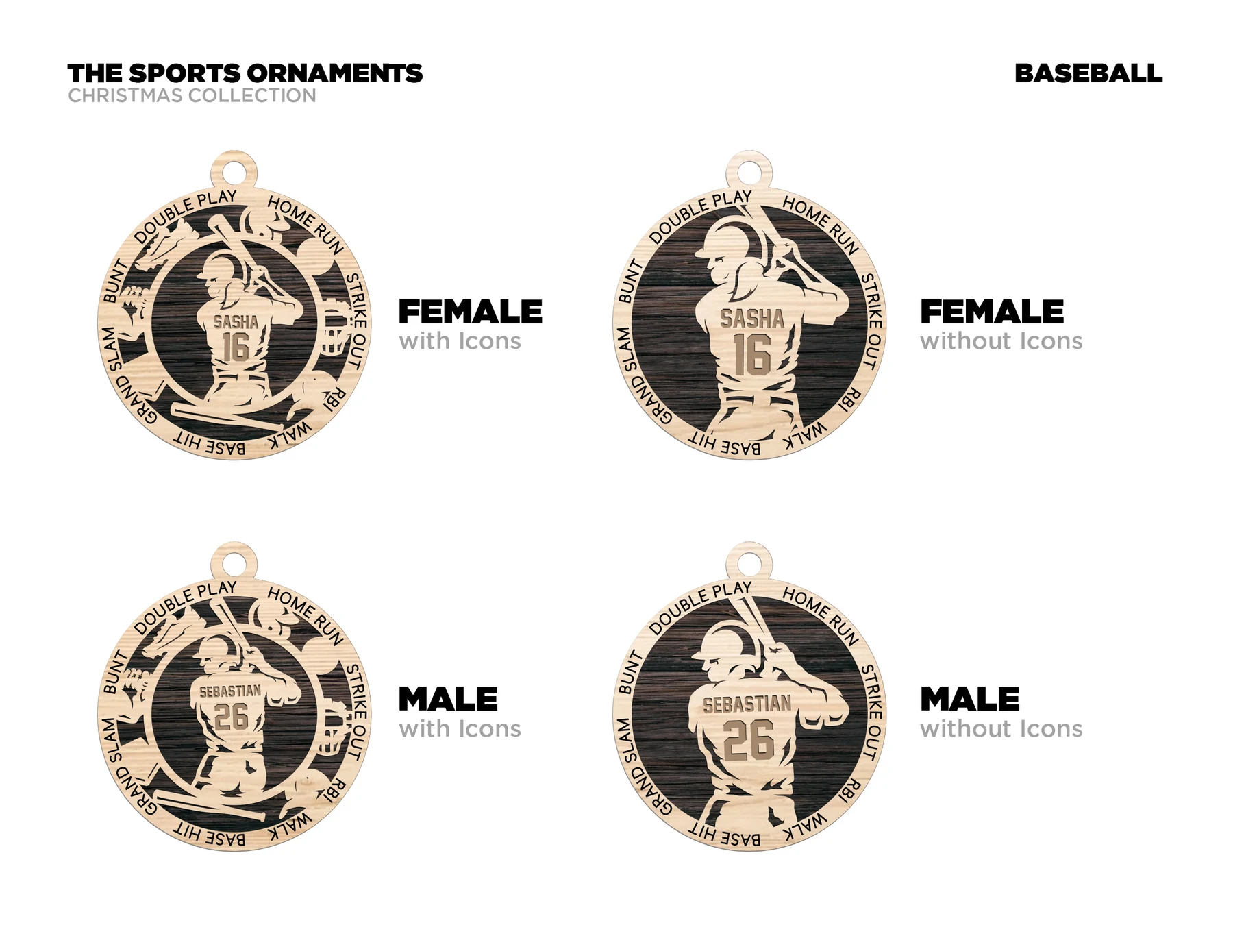 Baseball ornament with icons. Supplier finished product render. Male artwork shown.