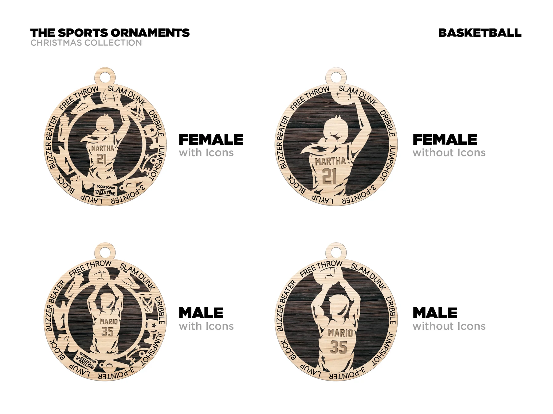 Personalized basketball ornament with icons. Supplier finished product render.