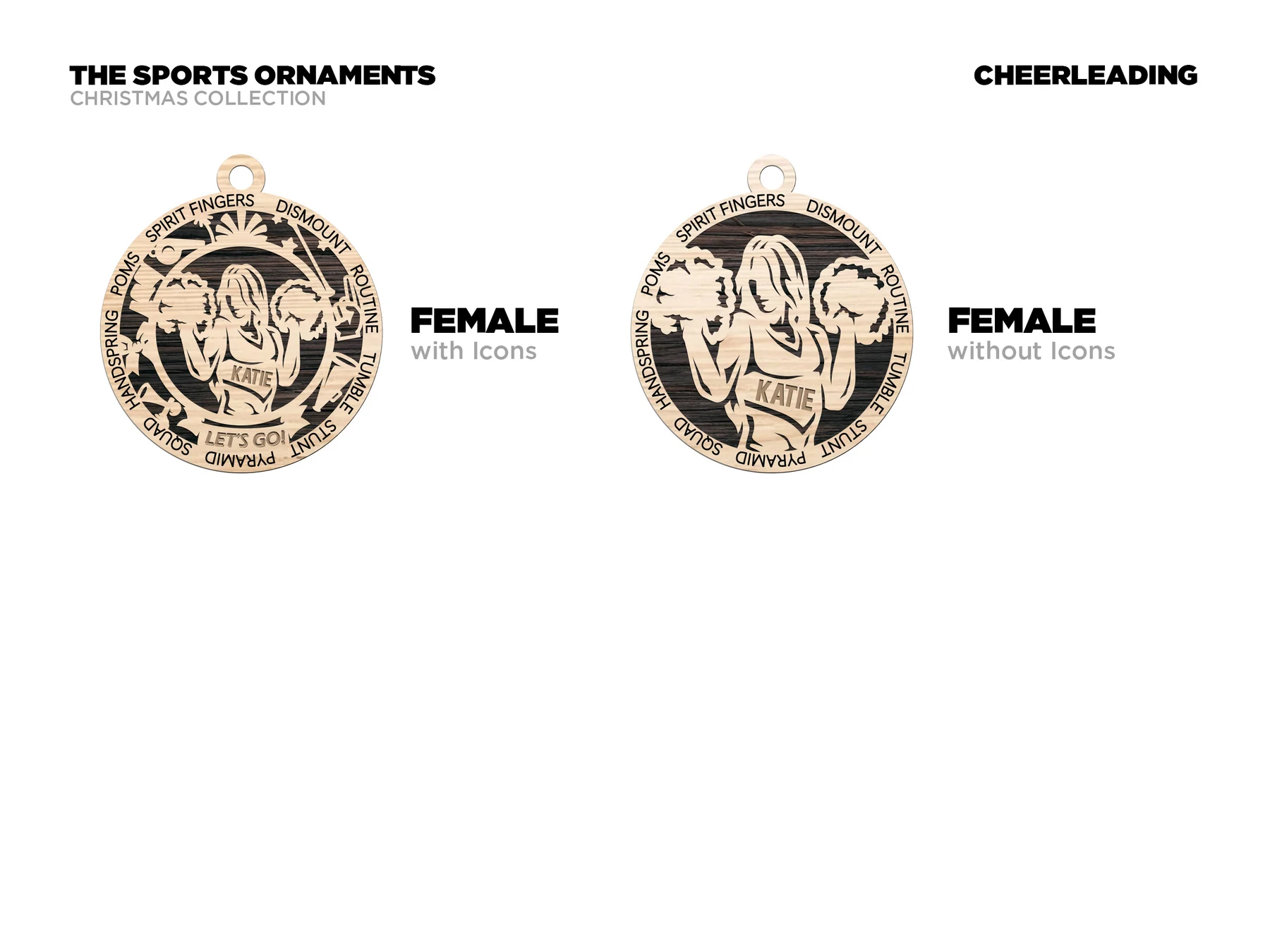 Personalized cheer ornament with icons. Supplier finished product render.