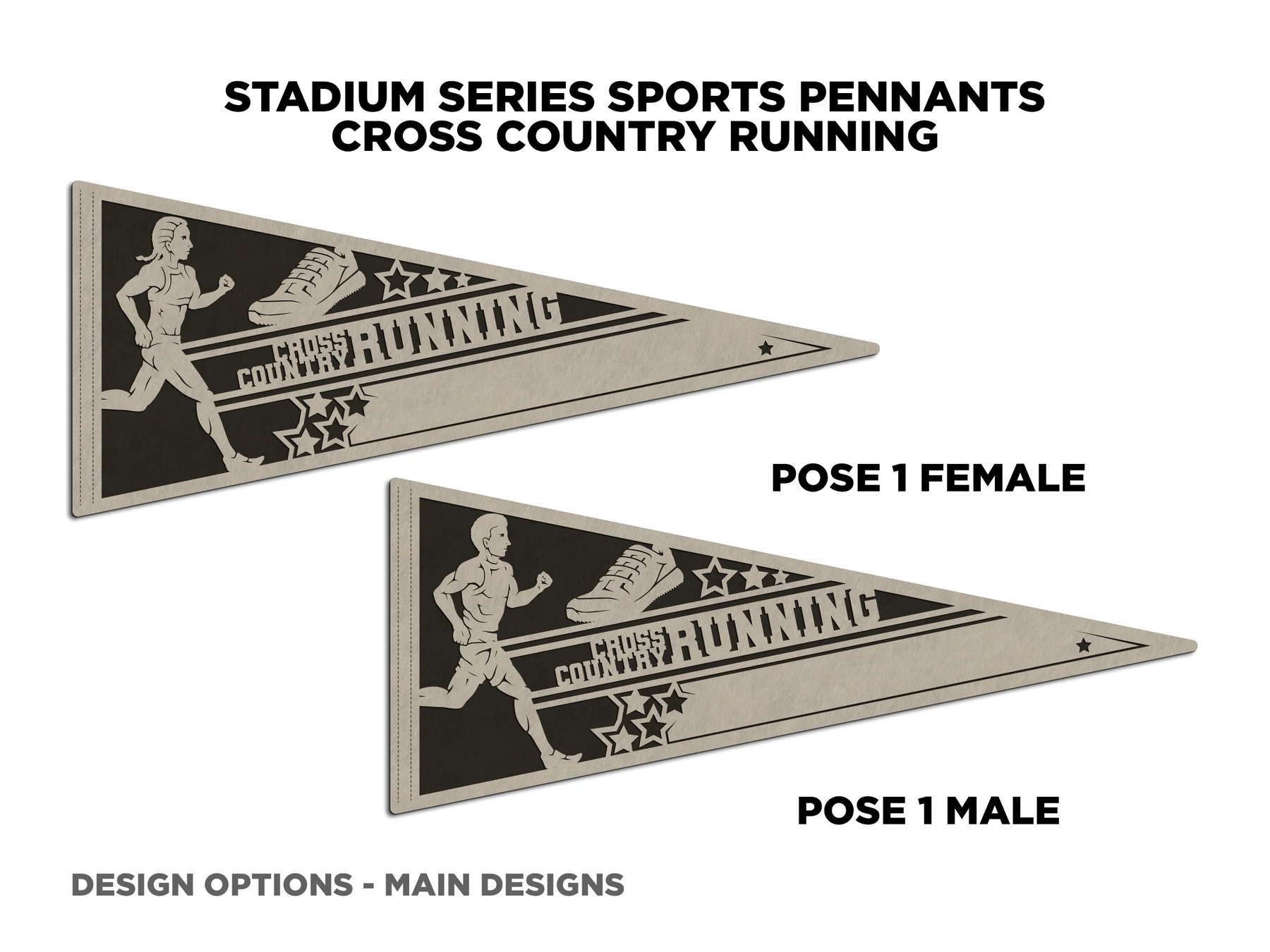 Personalized cross country pennant, pose 1. Supplier finished product render.