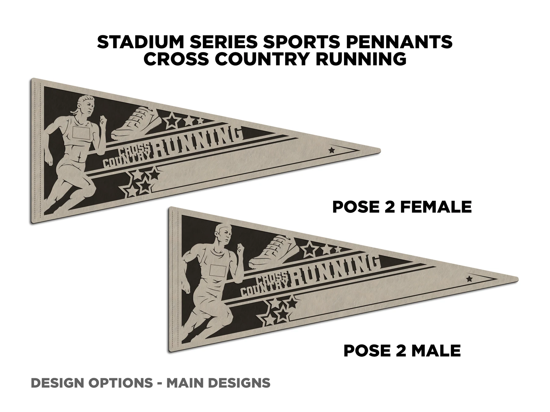 Personalized cross country pennant, pose 2. Supplier finished product render.