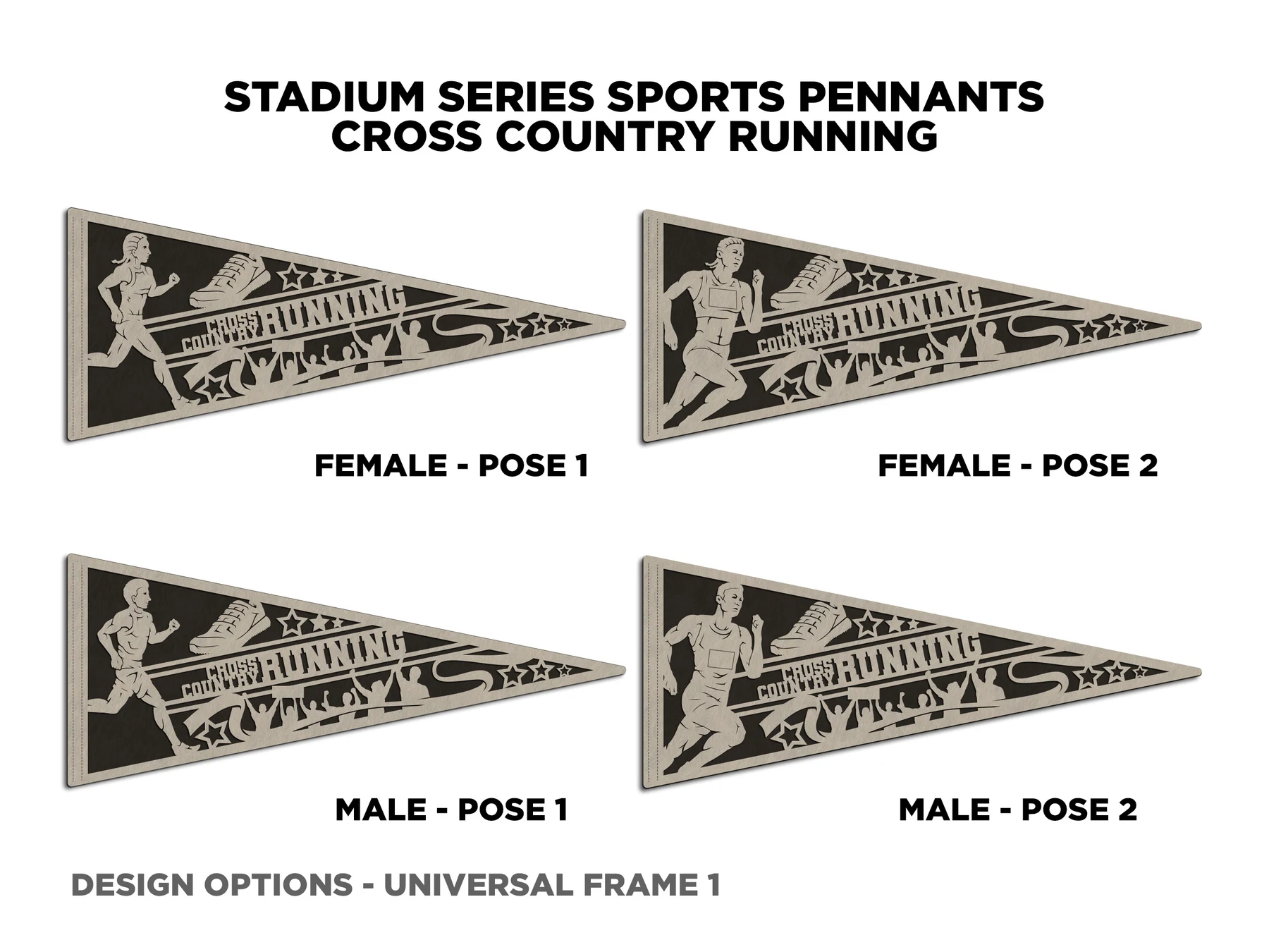Crowd cross country pennant, pose 1. Supplier finished product render.