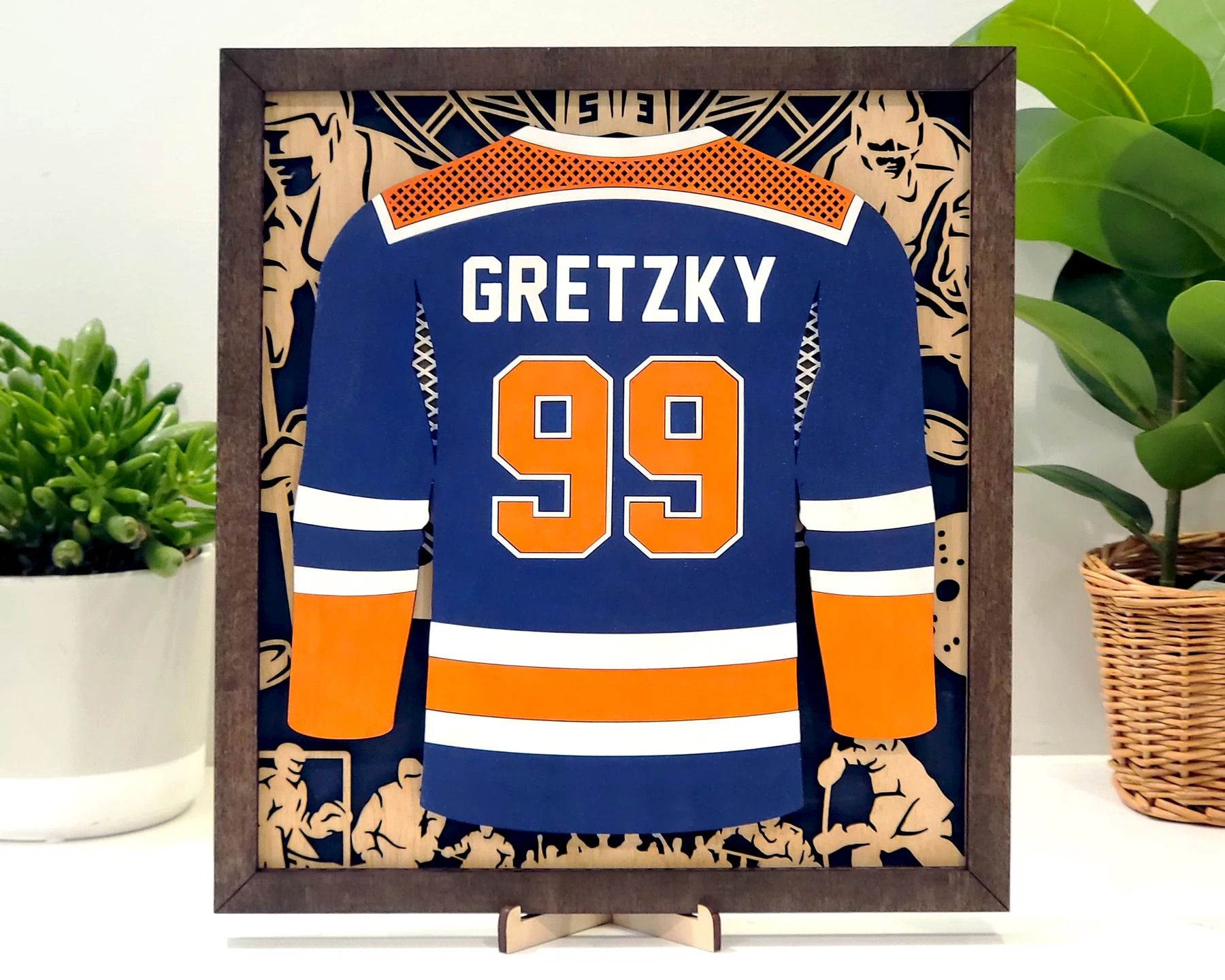 Supplier sample of a personalized layered hockey jersey display