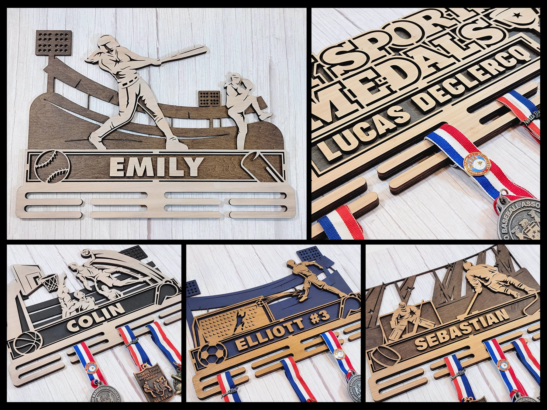 Baseball medal holder with cutout name. Supplier sample photo. Female artwork shown.