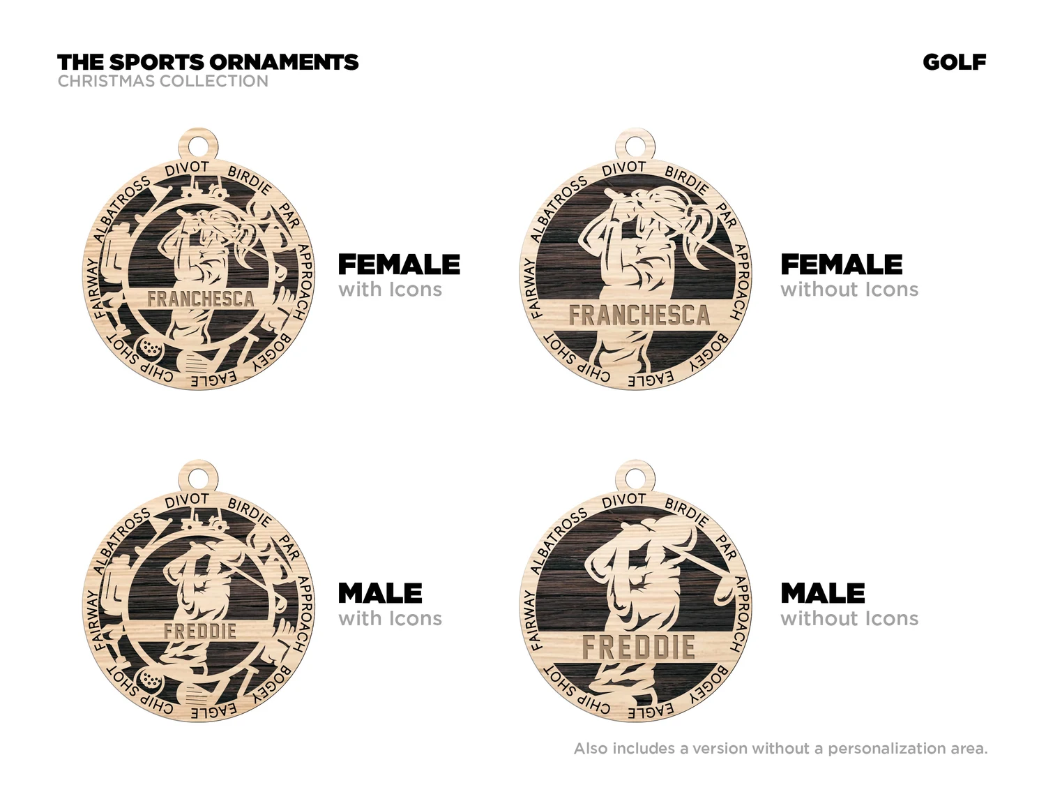 Personalized golf ornament with icons. Supplier finished product render.