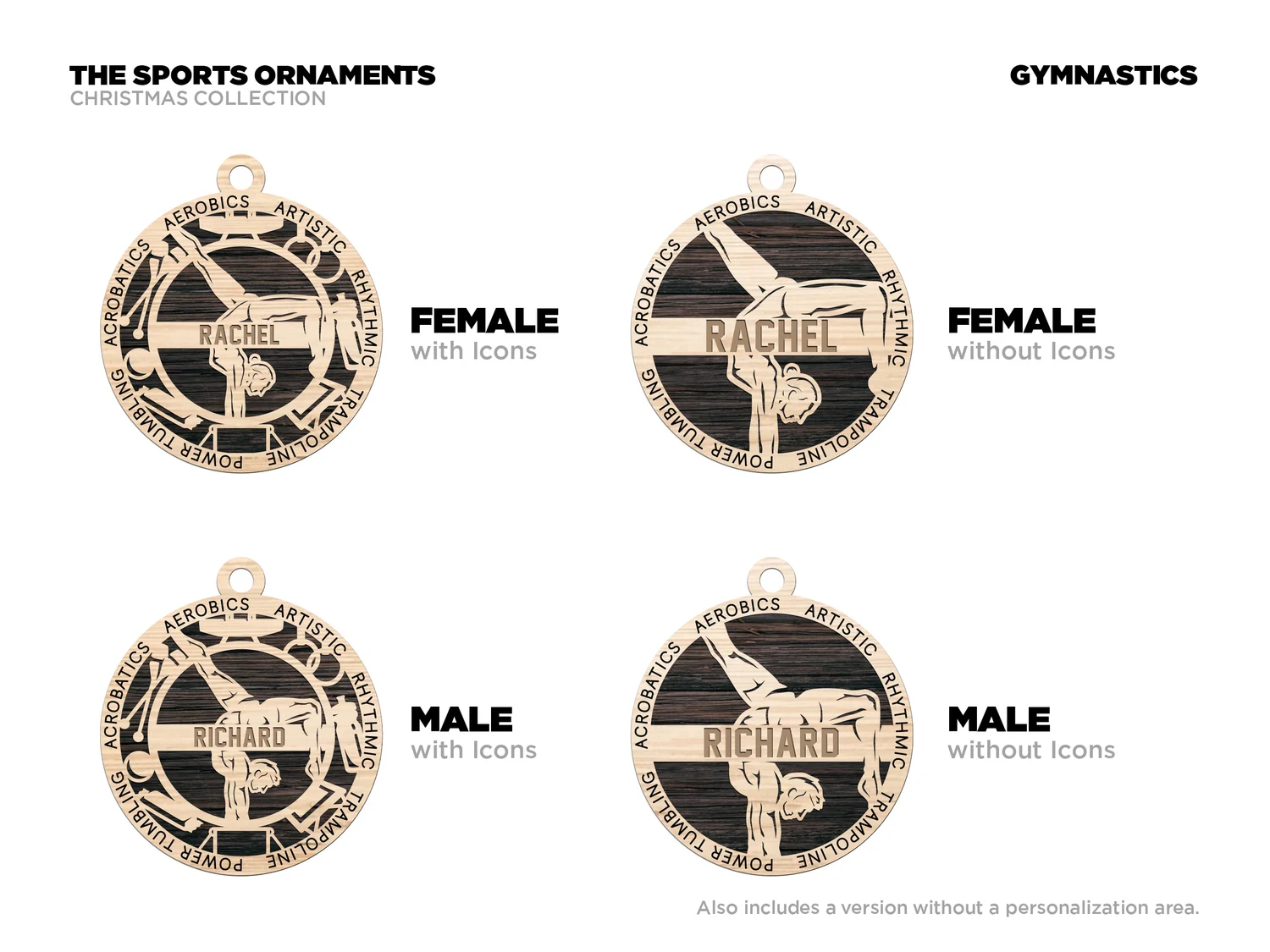 Personalized gymnastics ornament with icons. Supplier finished product render.