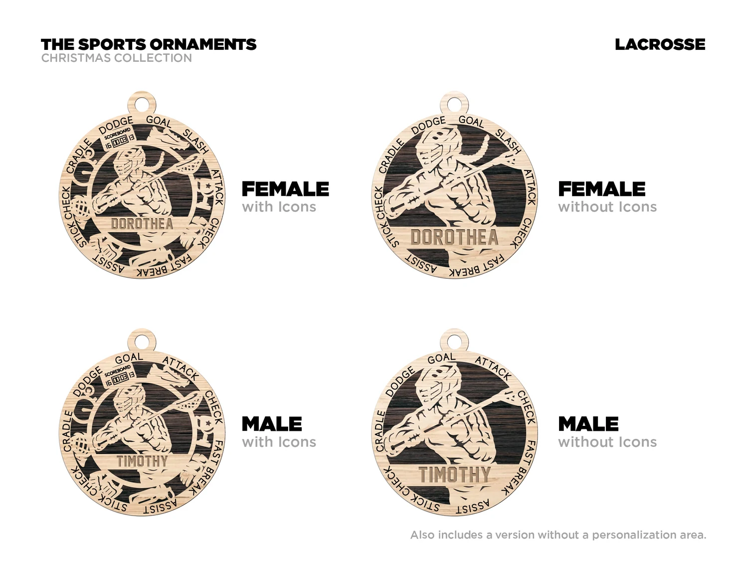 Personalized lacrosse ornament with icons. Supplier finished product render.