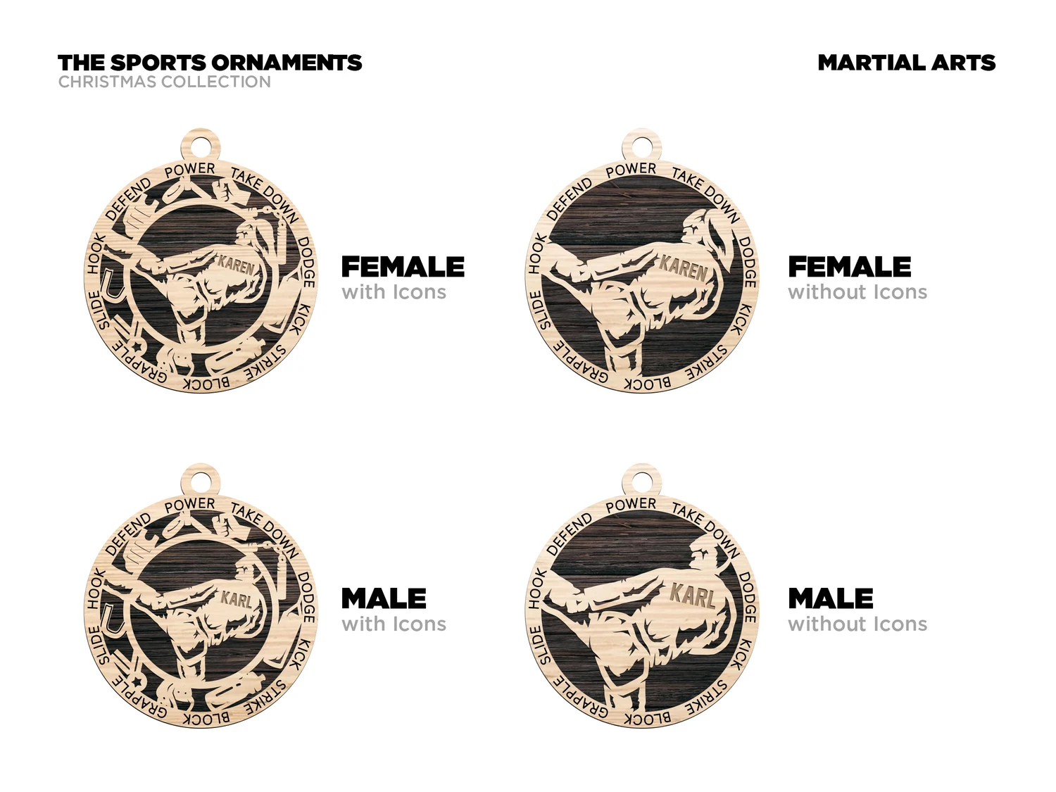Personalized martial arts ornament with icons. Supplier finished product render.