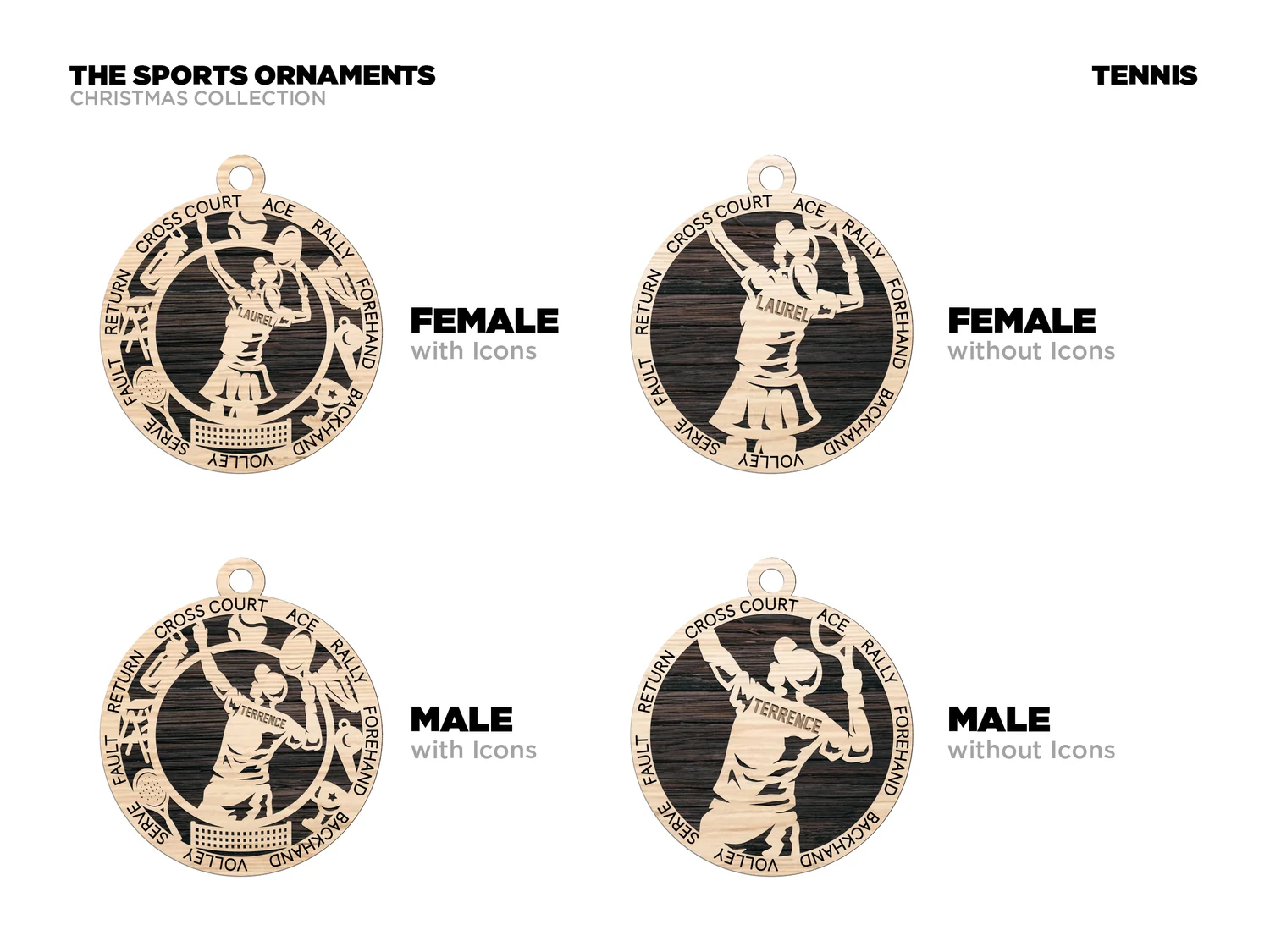 Personalized tennis ornament with icons. Supplier finished product render.
