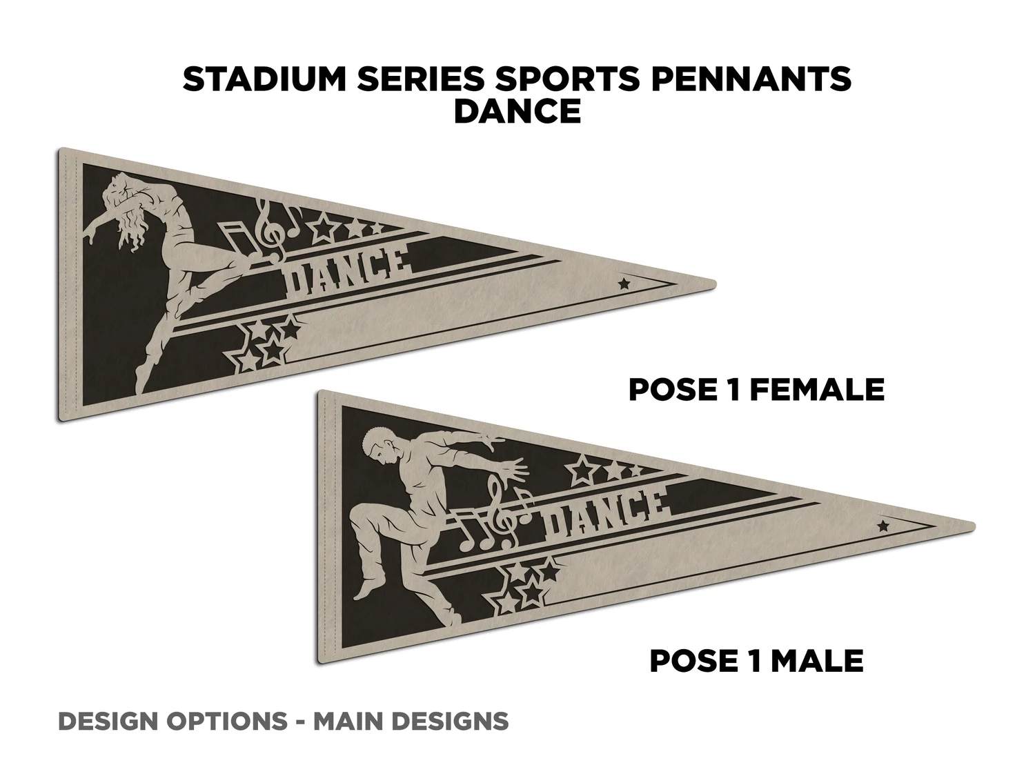 Personalized dance pennant, pose 1. Supplier finished product render.