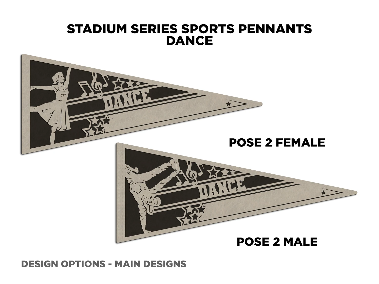 Personalized dance pennant, pose 2. Supplier finished product render.