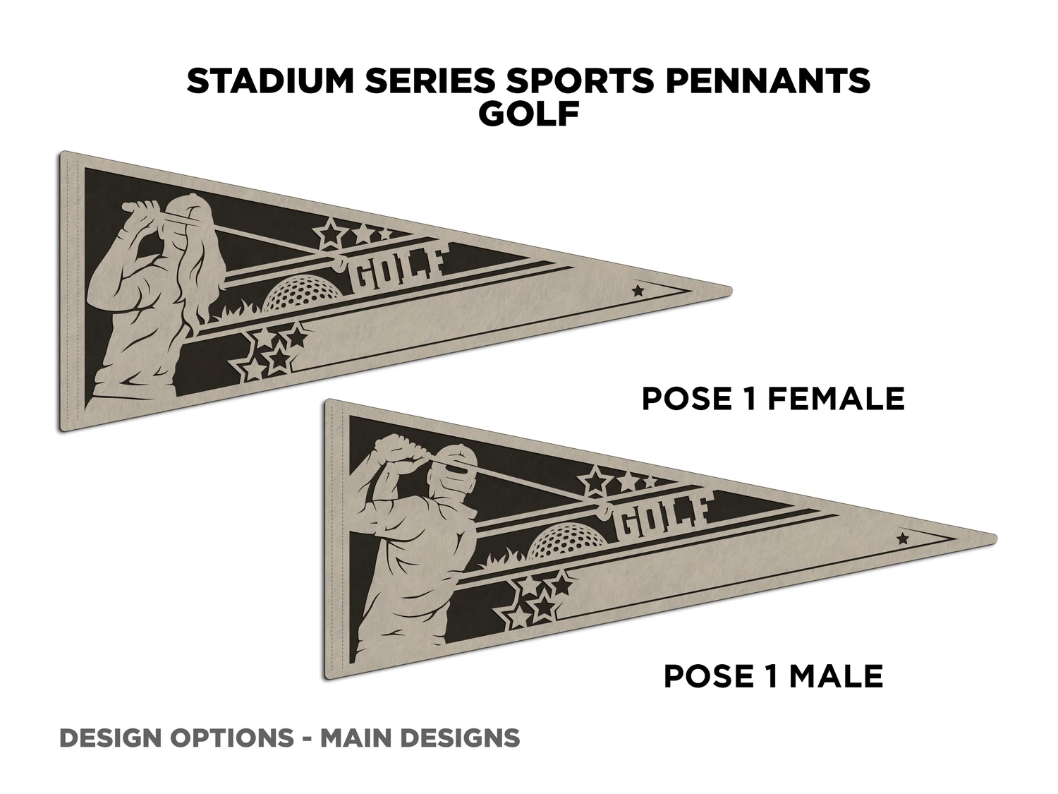 Personalized golf pennant, pose 1. Supplier finished product render.